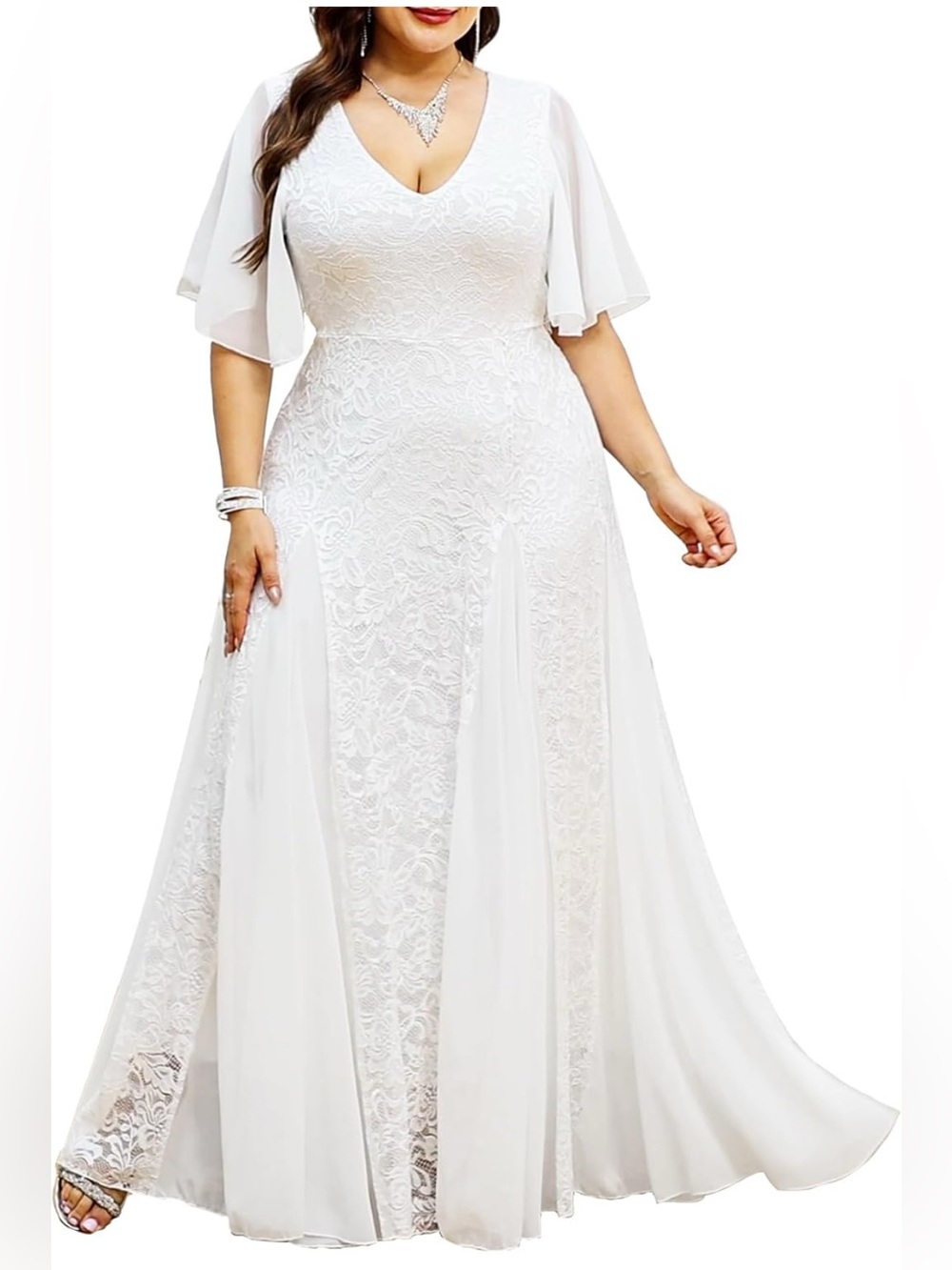 Formal Lace Dress Maxi V Neck A-line Chiffon Wedding Graduation White 3X-Large